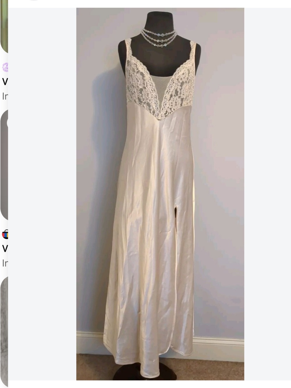 Victorias Secret gold la el M Lace-Trim Satin Long Nightgown - Ivory vtg